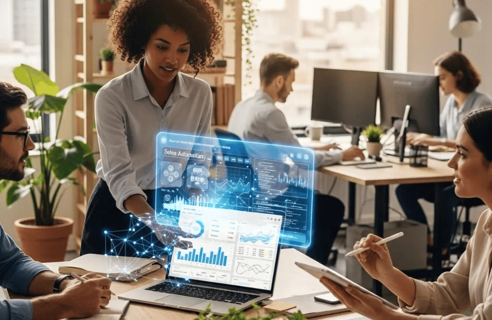 Small business team collaborating with AI sales automation tools in a modern office