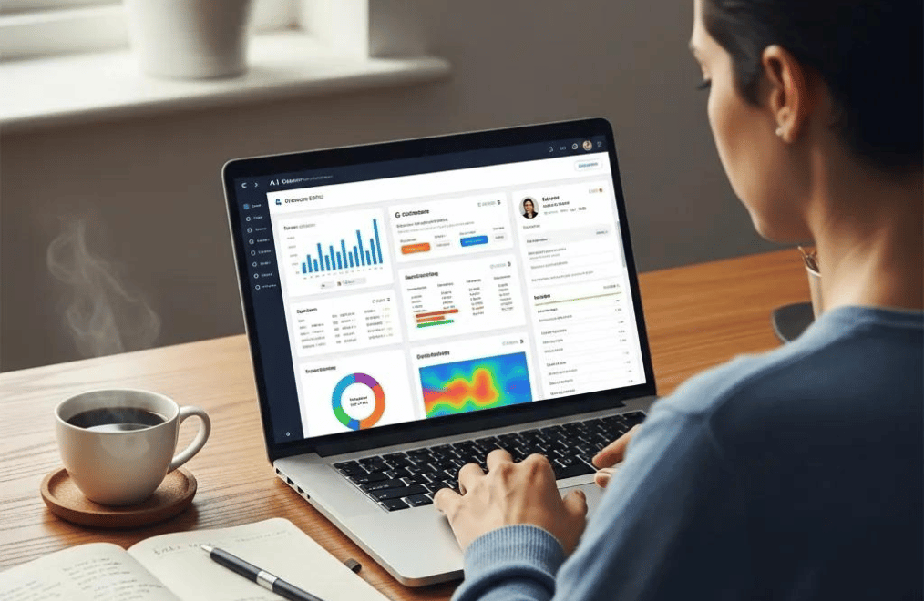 User engaging with an AI-powered CRM tool showcasing analytics in a cozy workspace