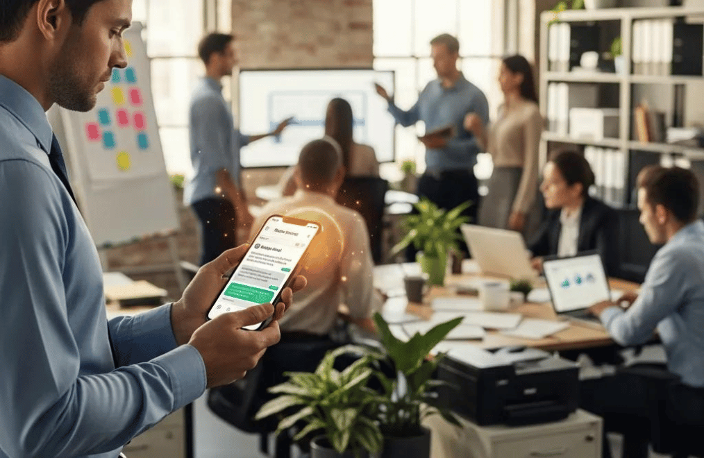 Sales representative sending automated follow-up messages to clients in a busy office
