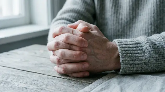 Tightly clasped hands of an adult, representing anxiety and emotional tension caused by the long-term psychological effects of childhood trauma.