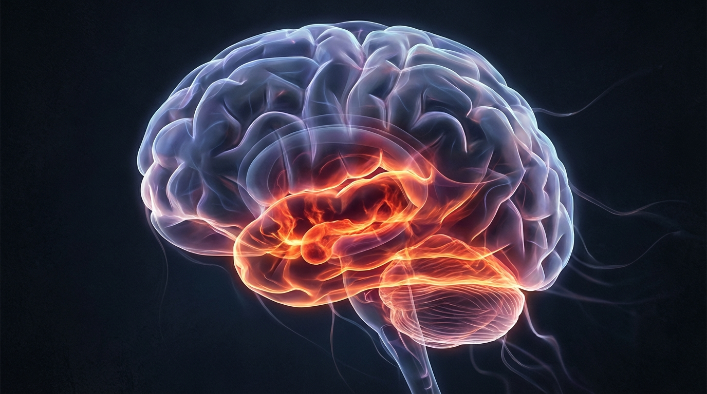 Abstract illustration of a human brain with highlighted neural activity, representing how childhood trauma alters brain development including the amygdala and prefrontal cortex.