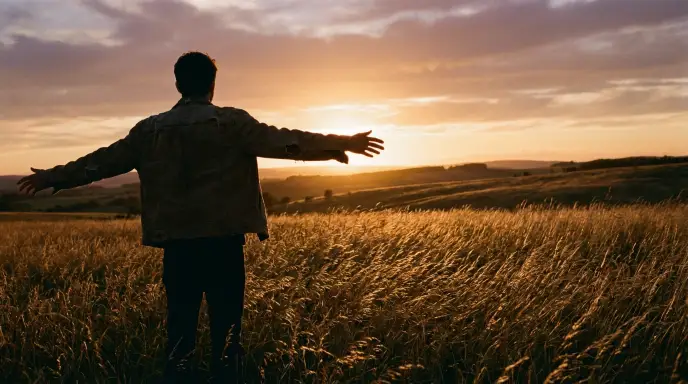 An adult standing in an open field at golden hour facing the horizon, symbolizing hope, healing, and the possibility of recovery after childhood trauma.