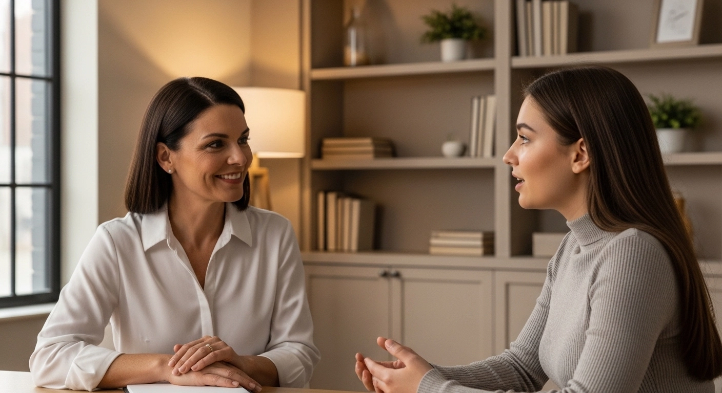 Woman speaking with therapist in calm office setting for anxiety treatment