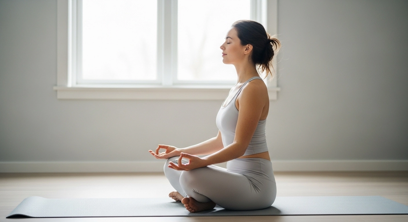 A professional wellness-style photograph of a young woman sitting cross-legged on a clean light-colored yoga mat near a window, both hands resting on her knees, eyes closed, spine tall and relaxed — soft diffused morning light, minimal Scandinavian-style room, no props or distractions, cinematic shallow focus. Mood: grounded, present, in control.
