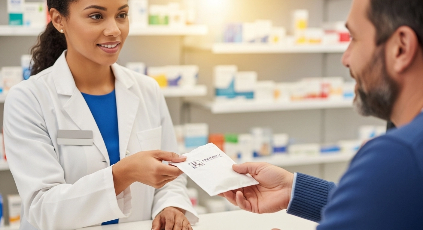 A pharmacist handing a prescription bag to a patient at a pharmacy counter, representing the local medication pickup step in a remote MAT telehealth program.