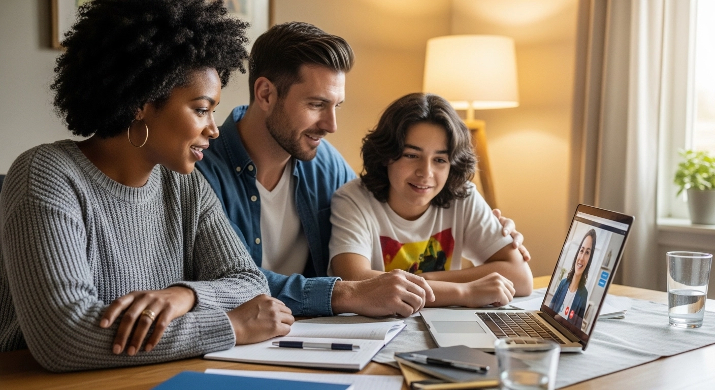 A family sitting together at a dining table, joining a virtual addiction counseling session via laptop, showing the role of family support in telehealth recovery programs.