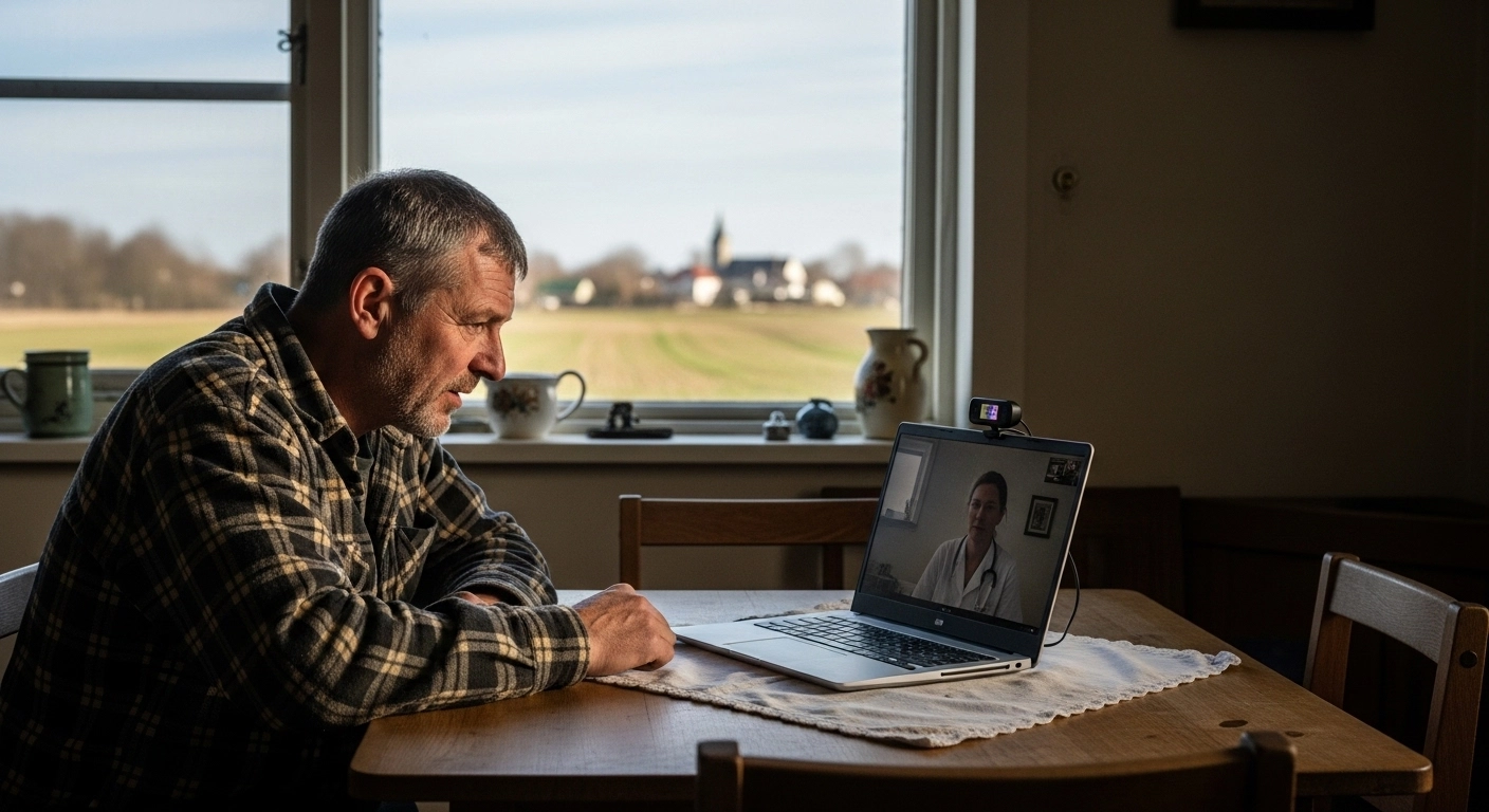 A man in a rural home using a laptop to access online addiction treatment through a telehealth video call, with countryside visible through the window.