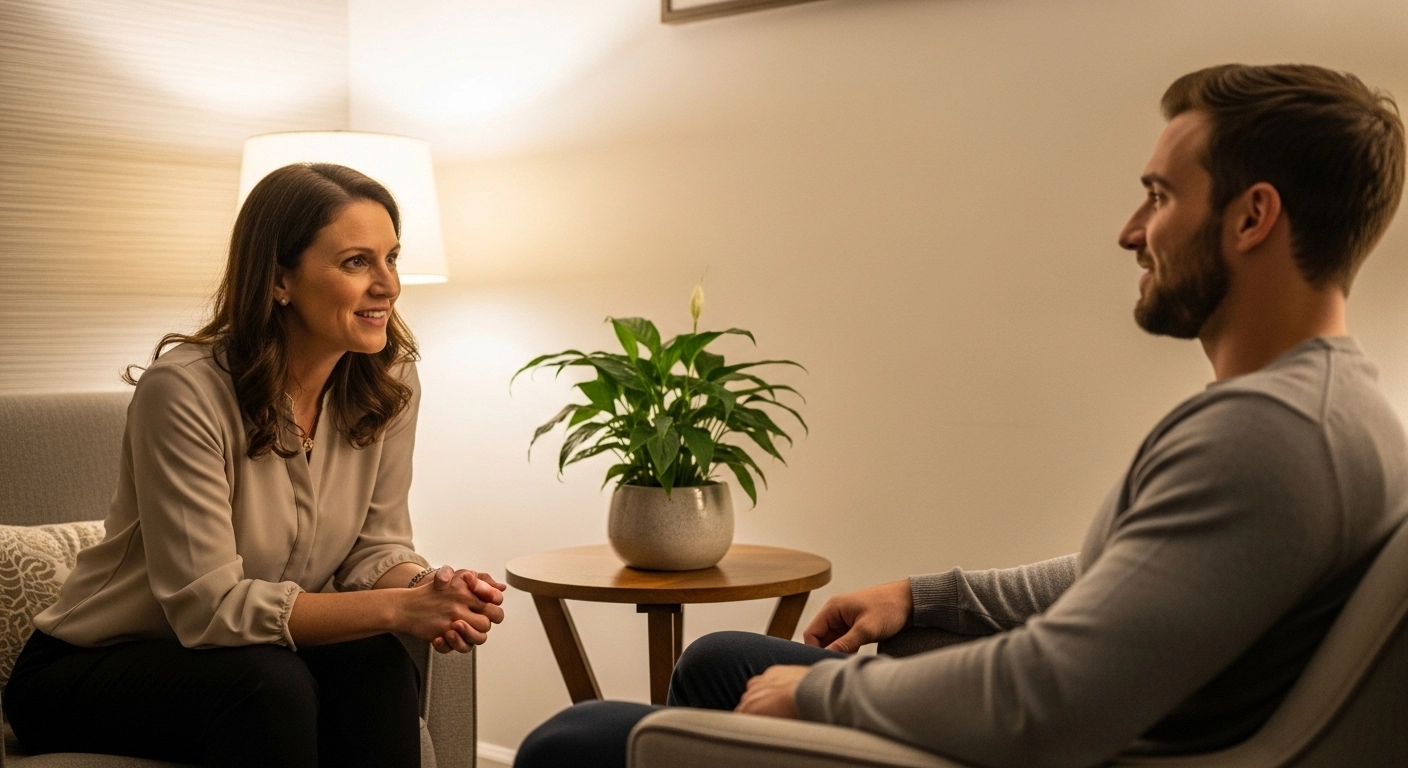 A therapist and client in a warm professional therapy session representing cognitive behavioral therapy CBT as the most effective treatment for functional depression