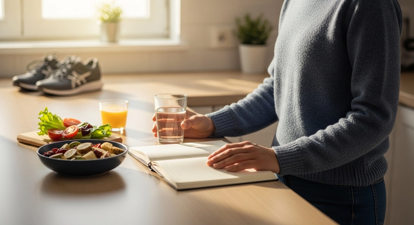  A person practicing simple daily self-care habits including journaling healthy eating and morning routine as practical ways to manage functional depression every day