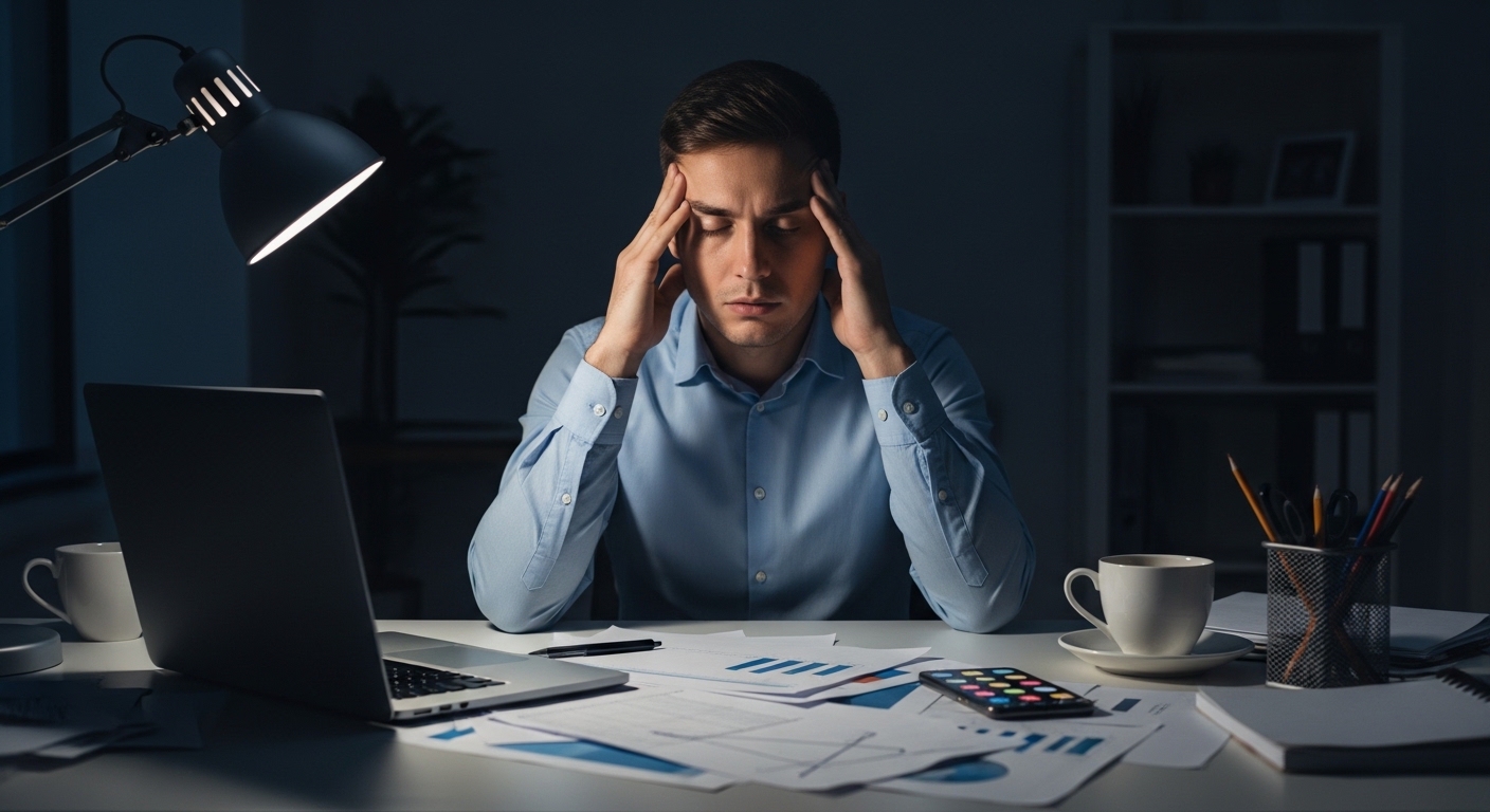 A exhausted professional sitting alone at a cluttered desk late at night under dim screen light — visually representing the key causes of functional depression including chronic stress, burnout, overwork, poor sleep, and emotional isolation