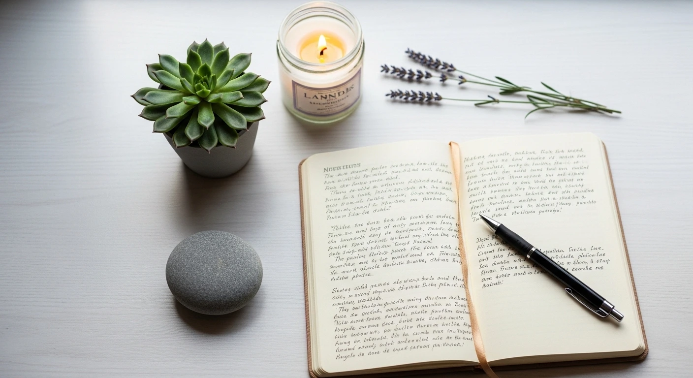 Flat lay of journaling and mindfulness tools for childhood trauma self-healing on a wooden table