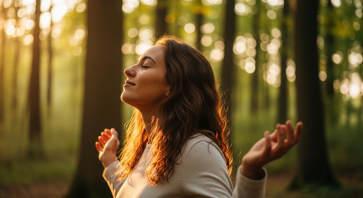 Woman standing in sunlit forest with arms open feeling emotional freedom after healing from childhood trauma