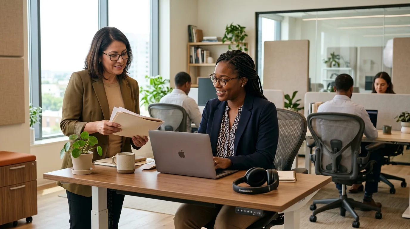 Employee with depression receiving workplace accommodations including flexible workspace and supportive HR manager