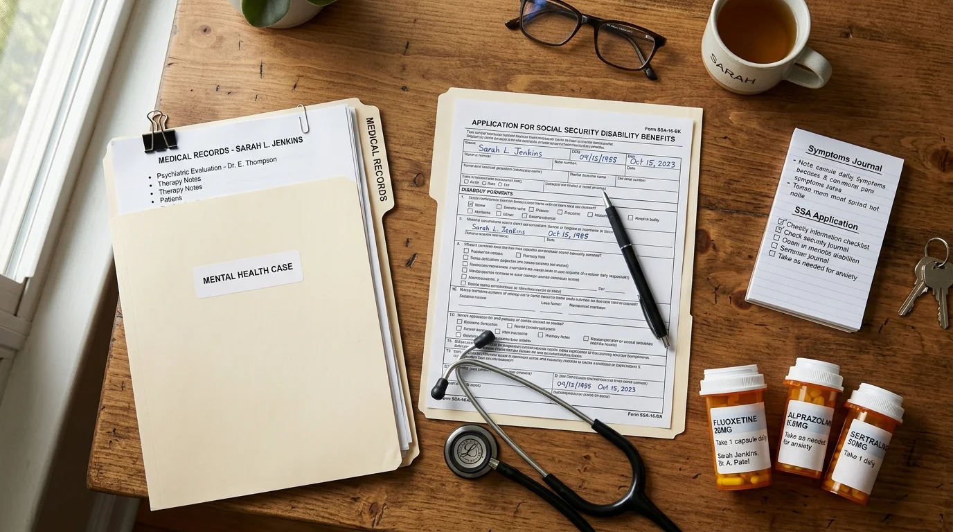 Social Security disability application form with medical records and prescription bottles for depression disability claim