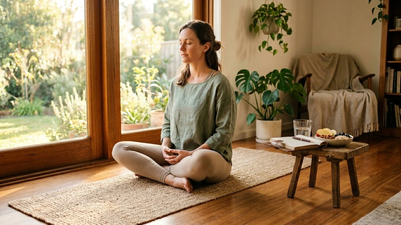 Young woman practicing deep breathing technique to immediately stop anxiety shaking and calm her nervous system