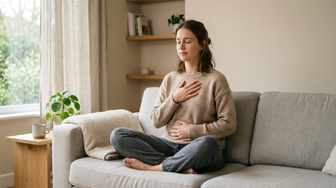  Young woman practicing deep breathing technique to immediately stop anxiety shaking and calm her nervous system