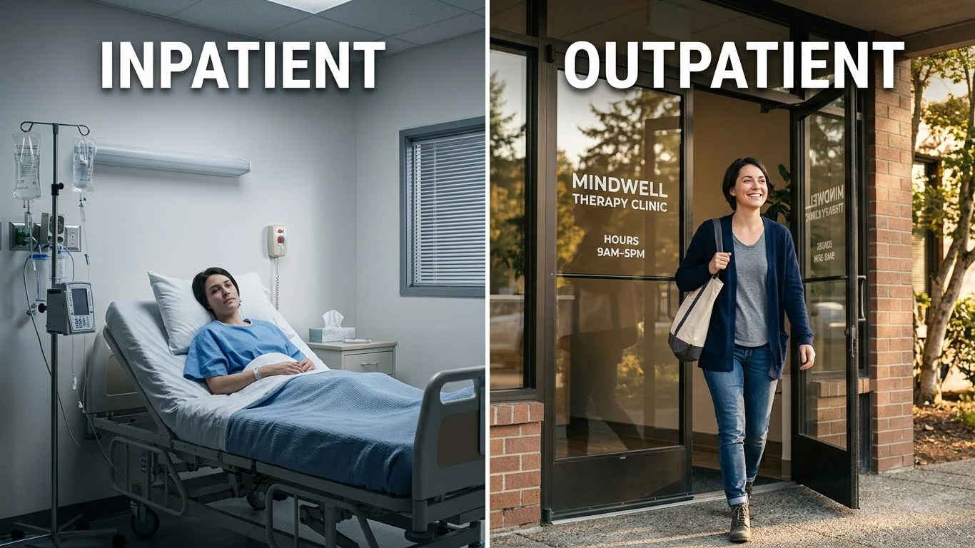 Side by side comparison of inpatient hospital care and outpatient mental health treatment showing difference in environment and freedom