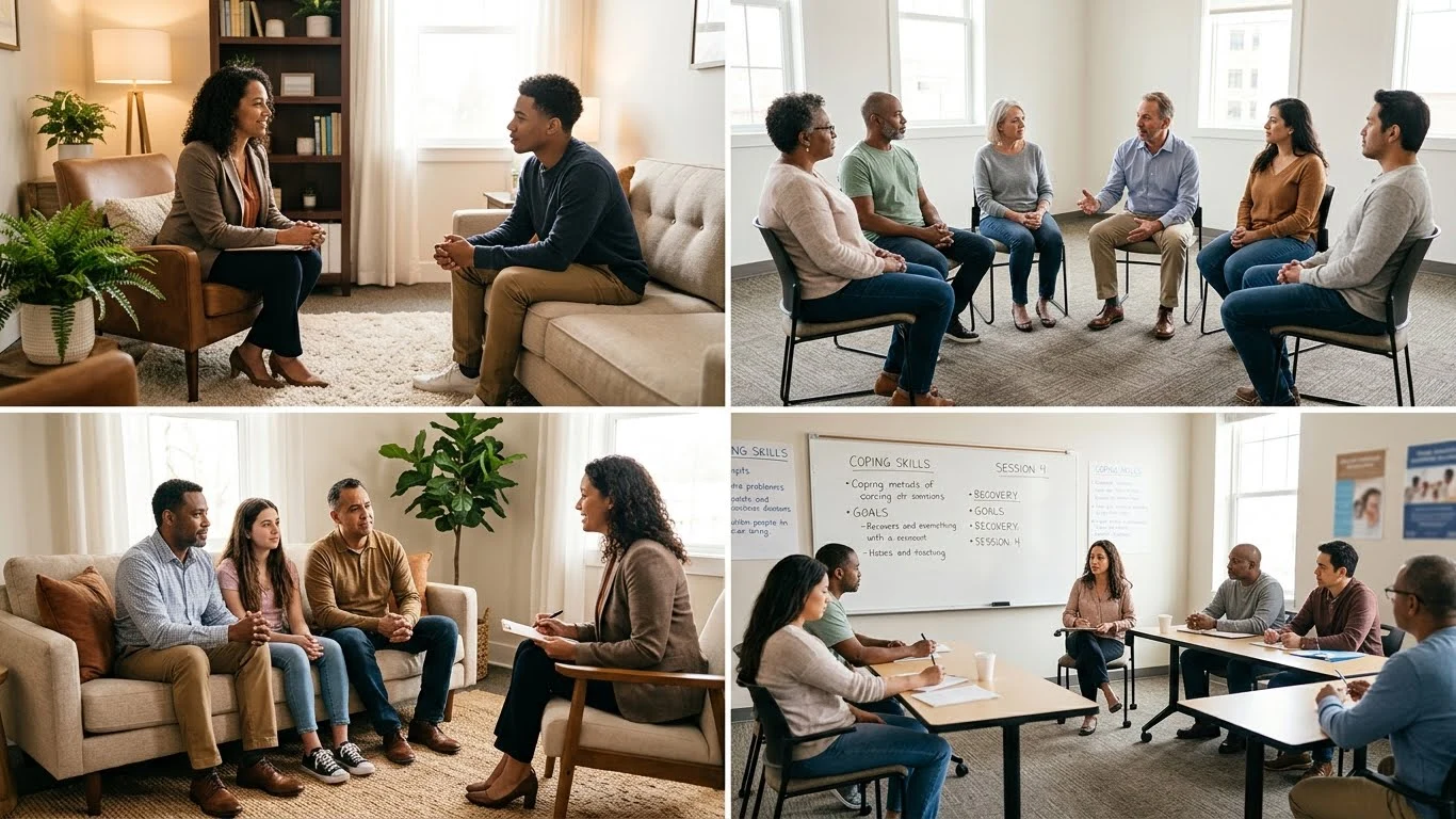 Four types of outpatient mental health treatment including individual therapy group therapy family therapy and intensive outpatient program