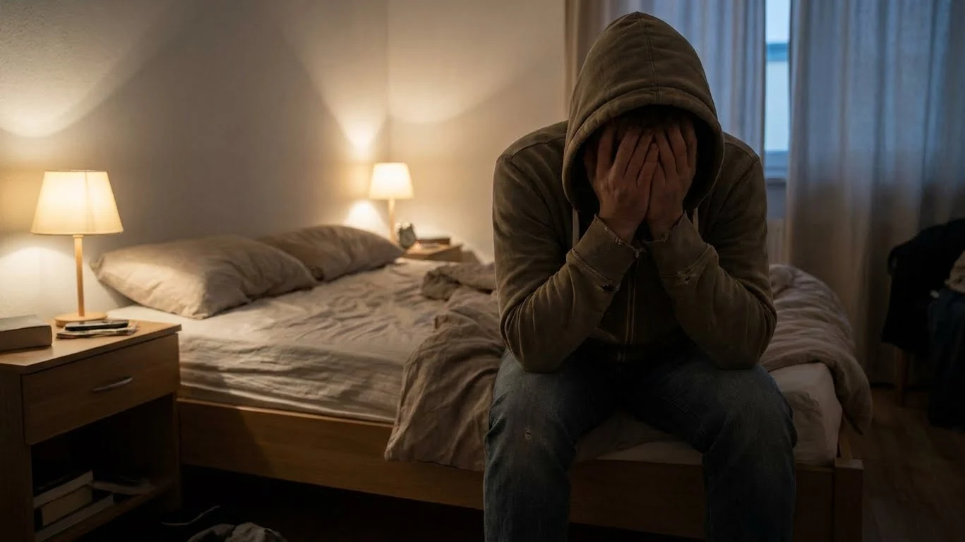 Person experiencing meth withdrawal symptoms feeling exhausted and emotionally drained Person experiencing meth withdrawal symptoms feeling exhausted and emotionally drained