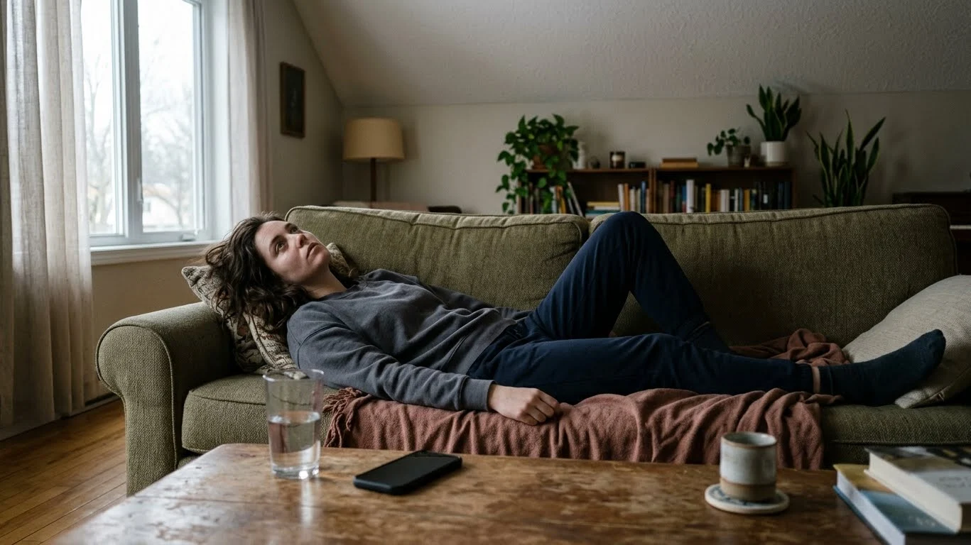 Person lying on couch during the day with deep fatigue, illustrating common physical symptoms of depression like exhaustion and low energy