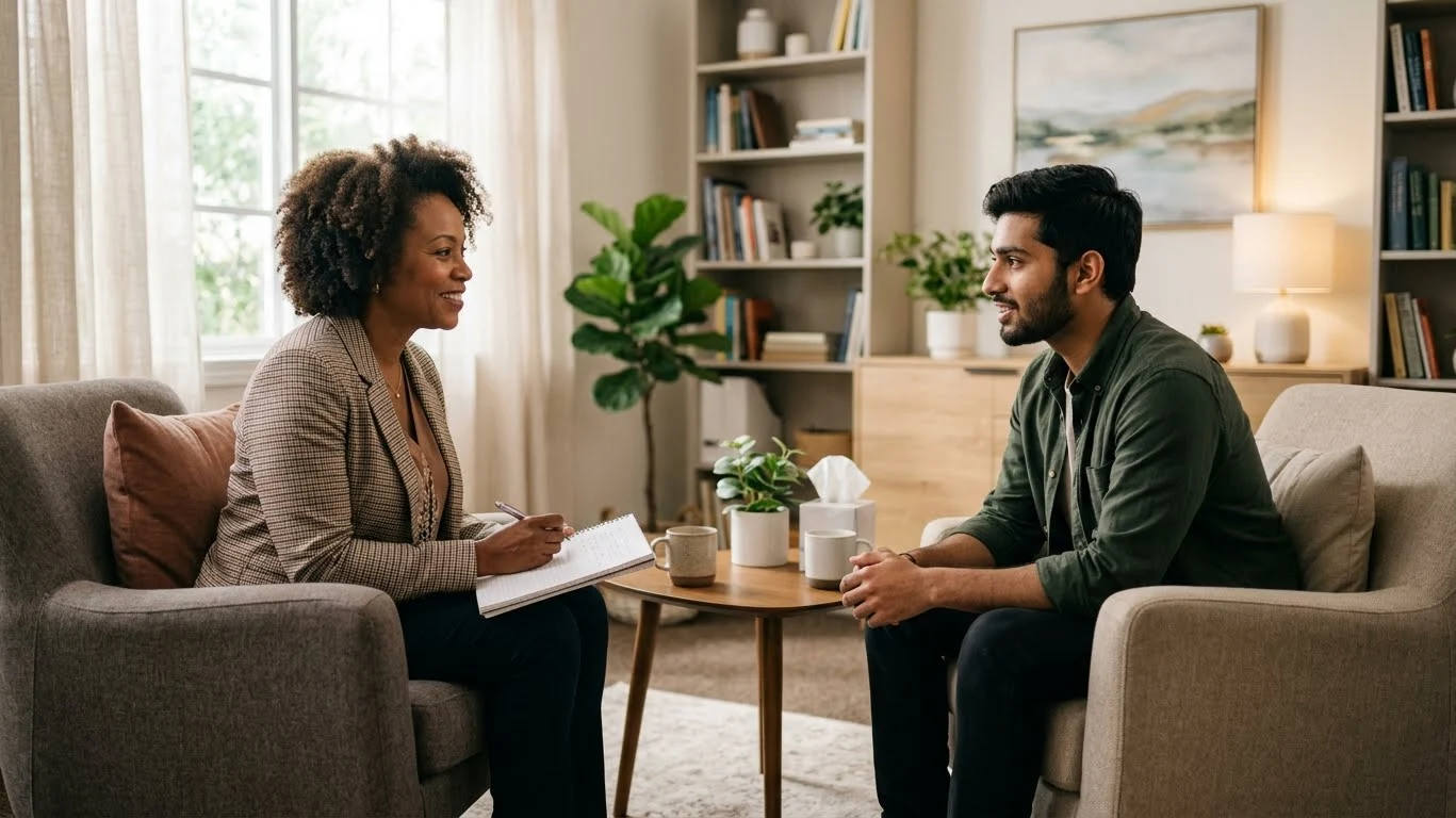 A therapist and client in a therapy session, representing treatment options for depression and its physical symptoms
