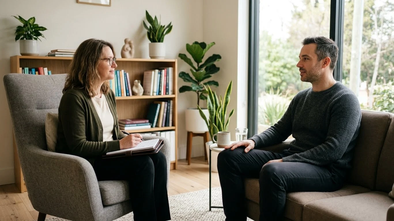 A therapist and adult patient having a calm conversation in a bright modern therapy office, representing effective ADHD treatment through CBT and counseling