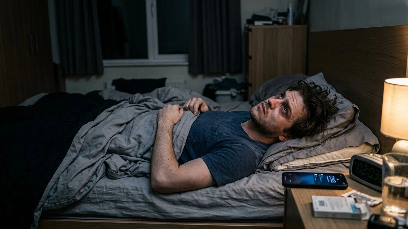 A young man lying awake in bed at night looking anxious and exhausted, representing how poor sleep and stress can worsen ADHD symptoms
