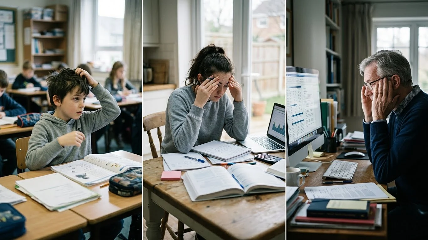 Three people at different life stages — a child at a school desk, a teenager doing homework, and an older adult at a computer — representing how ADHD symptoms change across the lifespan