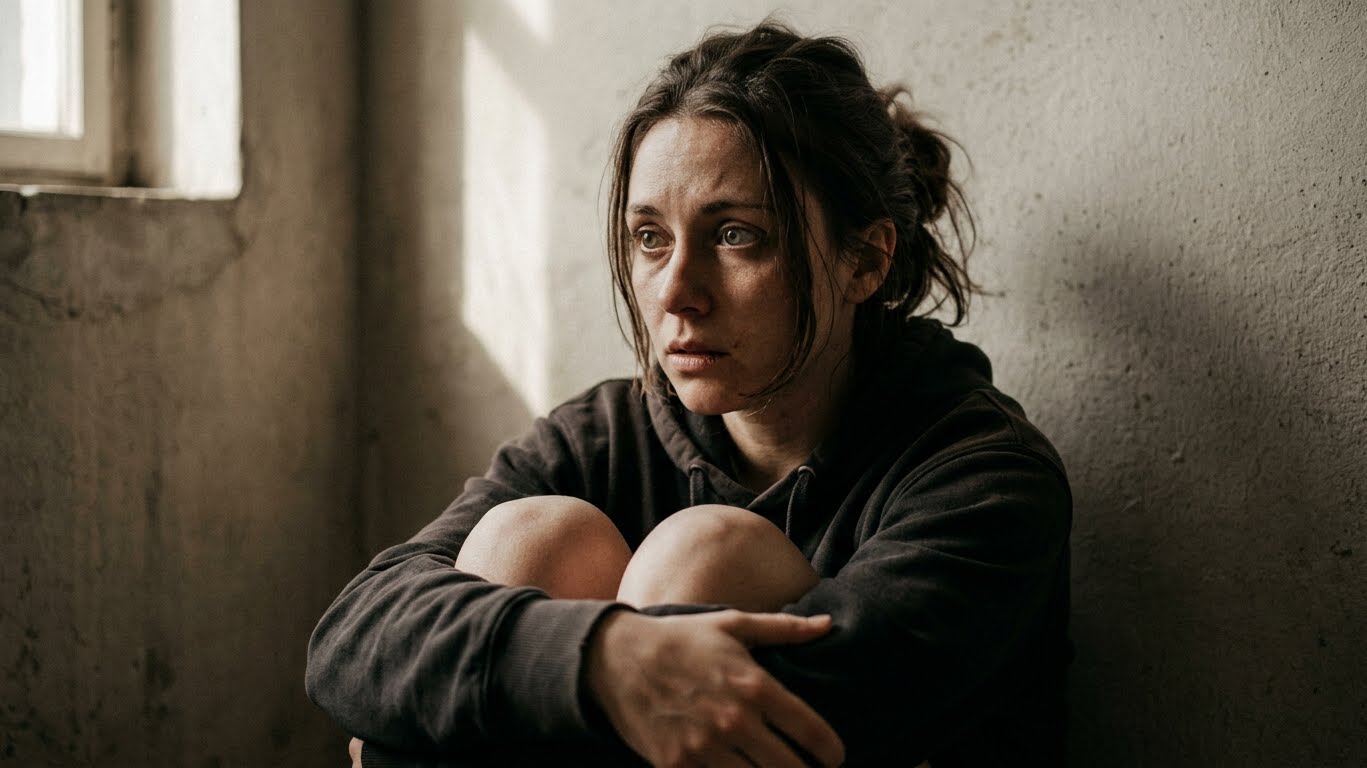 A young woman sitting against a wall with knees pulled to her chest and a fearful expression, representing emotional flashbacks in complex PTSD A young woman sitting against a wall with knees pulled to her chest and a fearful expression, representing emotional flashbacks in complex PTSD