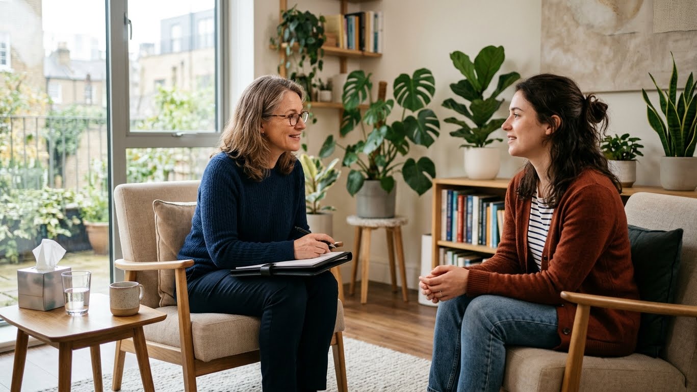 A therapist and patient in a calm therapy session representing evidence-based treatments for complex PTSD including EMDR, DBT and trauma-focused therapy A therapist and patient in a calm therapy session representing evidence-based treatments for complex PTSD including EMDR, DBT and trauma-focused therapy