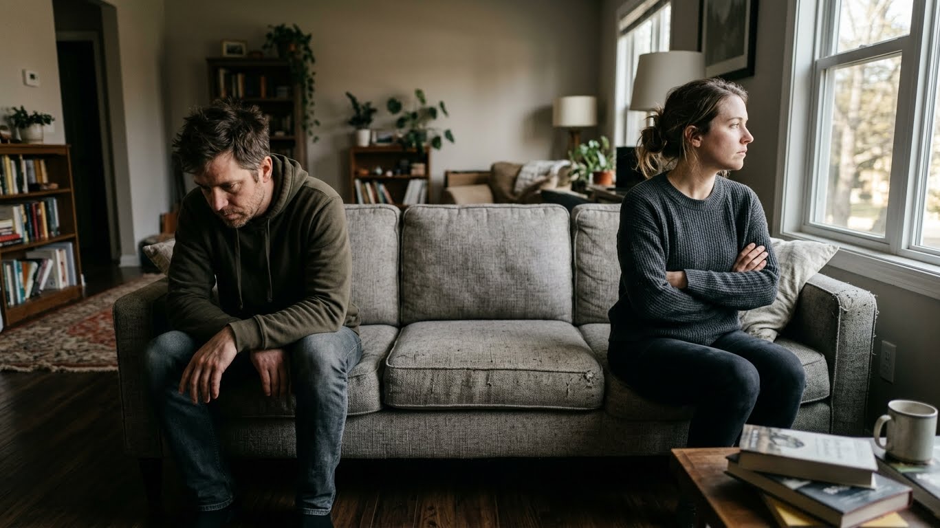A couple sitting far apart on a couch looking away from each other, representing relationship instability and difficulty trusting others in complex PTSD A couple sitting far apart on a couch looking away from each other, representing relationship instability and difficulty trusting others in complex PTSD