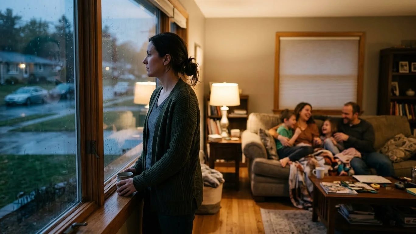 A woman standing alone by a window while family sits together in the background, representing social withdrawal as a sign of PTSD in women A woman standing alone by a window while family sits together in the background, representing social withdrawal as a sign of PTSD in women