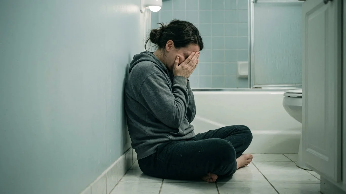 A woman sitting on a bathroom floor with her face in her hands, representing emotional signs of PTSD in women including guilt, shame and persistent sadness A woman sitting on a bathroom floor with her face in her hands, representing emotional signs of PTSD in women including guilt, shame and persistent sadness