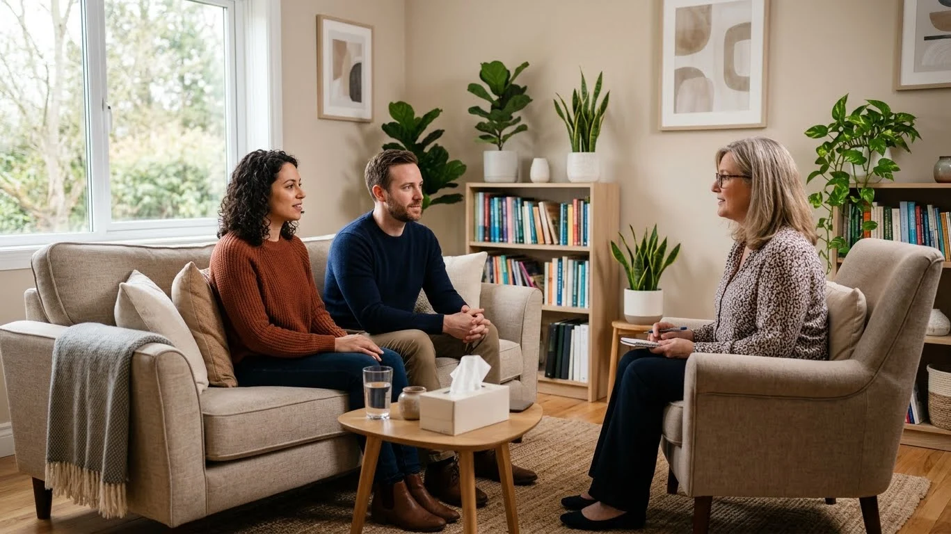 therapist conducting first couples therapy session with partners therapist conducting first couples therapy session with partners