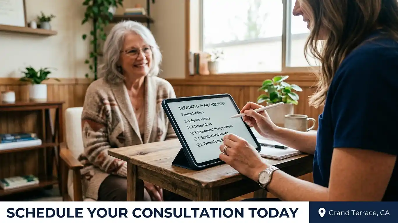 Clinician reviewing a ketamine therapy treatment plan with a patient at Radiant Path Therapy in Grand Terrace CA