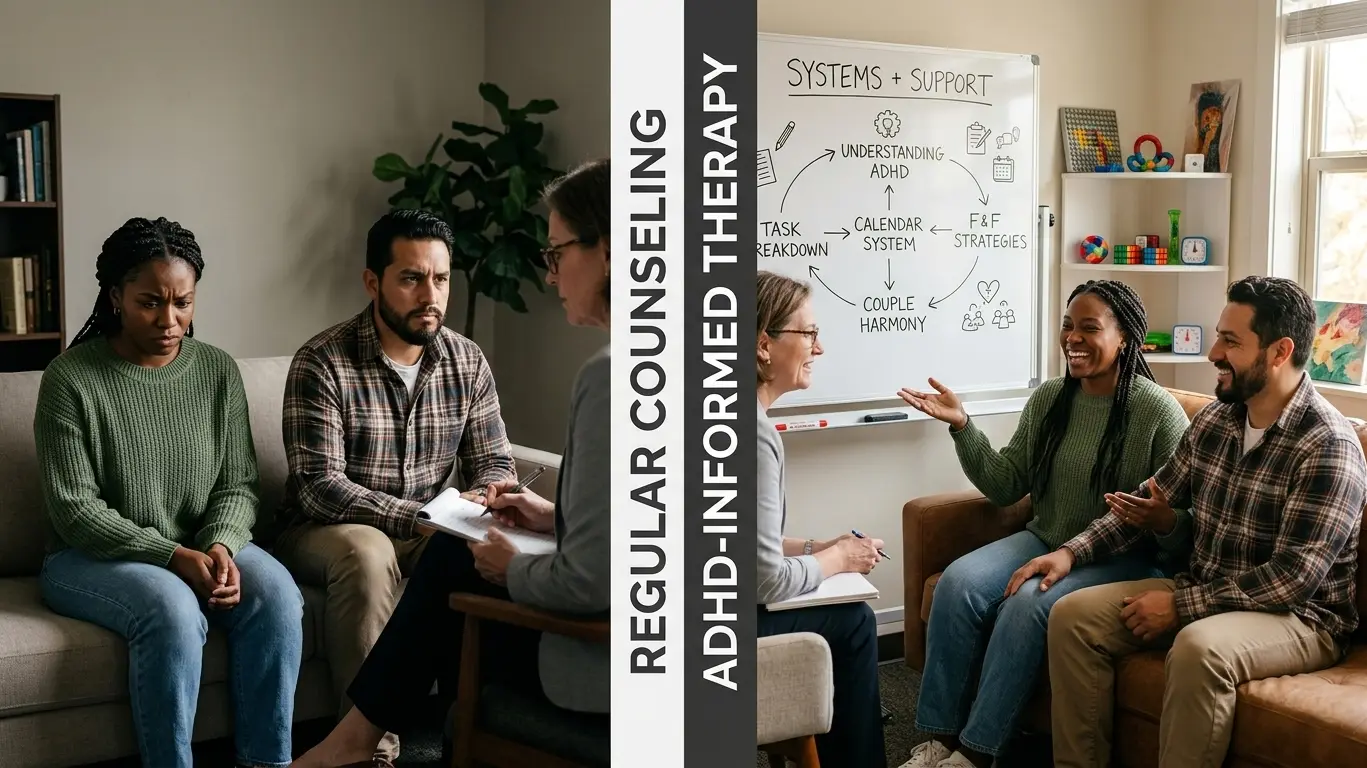 Side-by-side comparison of regular couples counseling versus ADHD-informed therapy showing different outcomes for ADHD couples