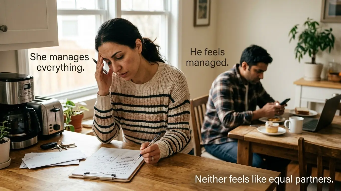 Infographic showing the ADHD parent-child relationship pattern where one partner manages household tasks while the other feels controlled