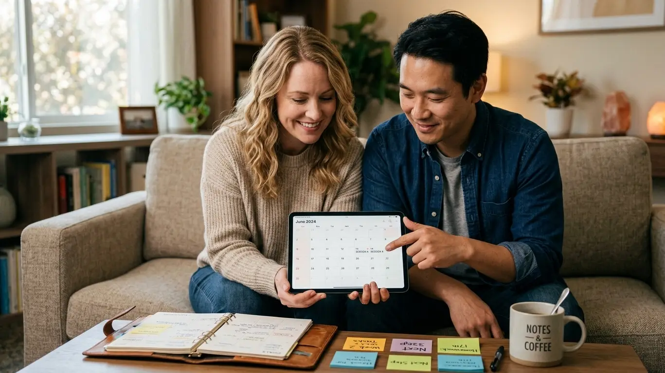 A hopeful couple working together with a shared planner during ADHD couples therapy, building practical systems for their relationship