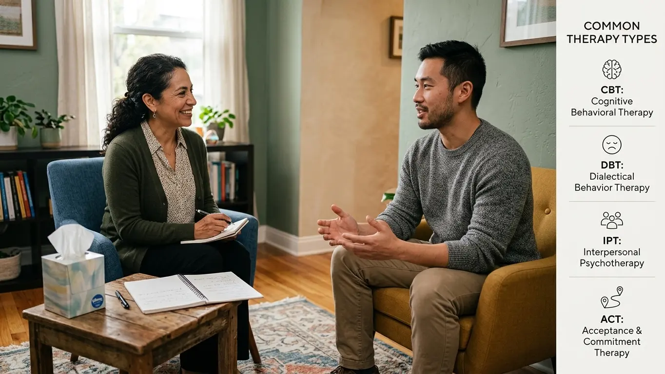 Therapist explaining CBT DBT and other therapy types for high-functioning depression Therapist explaining CBT DBT and other therapy types for high-functioning depression