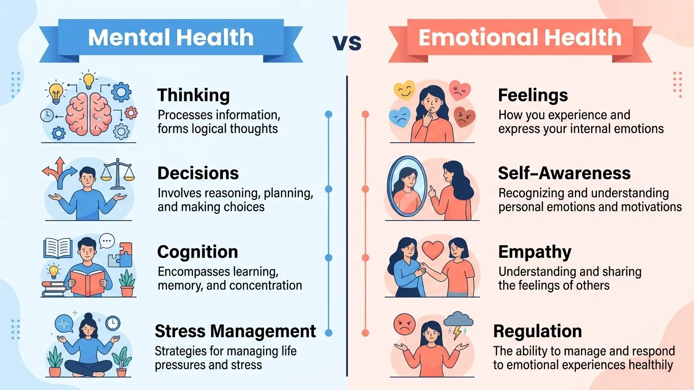 left labeled "Mental" in blue containing brain/gear icons, right labeled "Emotional" in coral containing a heart and swirl icons left labeled "Mental" in blue containing brain/gear icons, right labeled "Emotional" in coral containing a heart and swirl icons