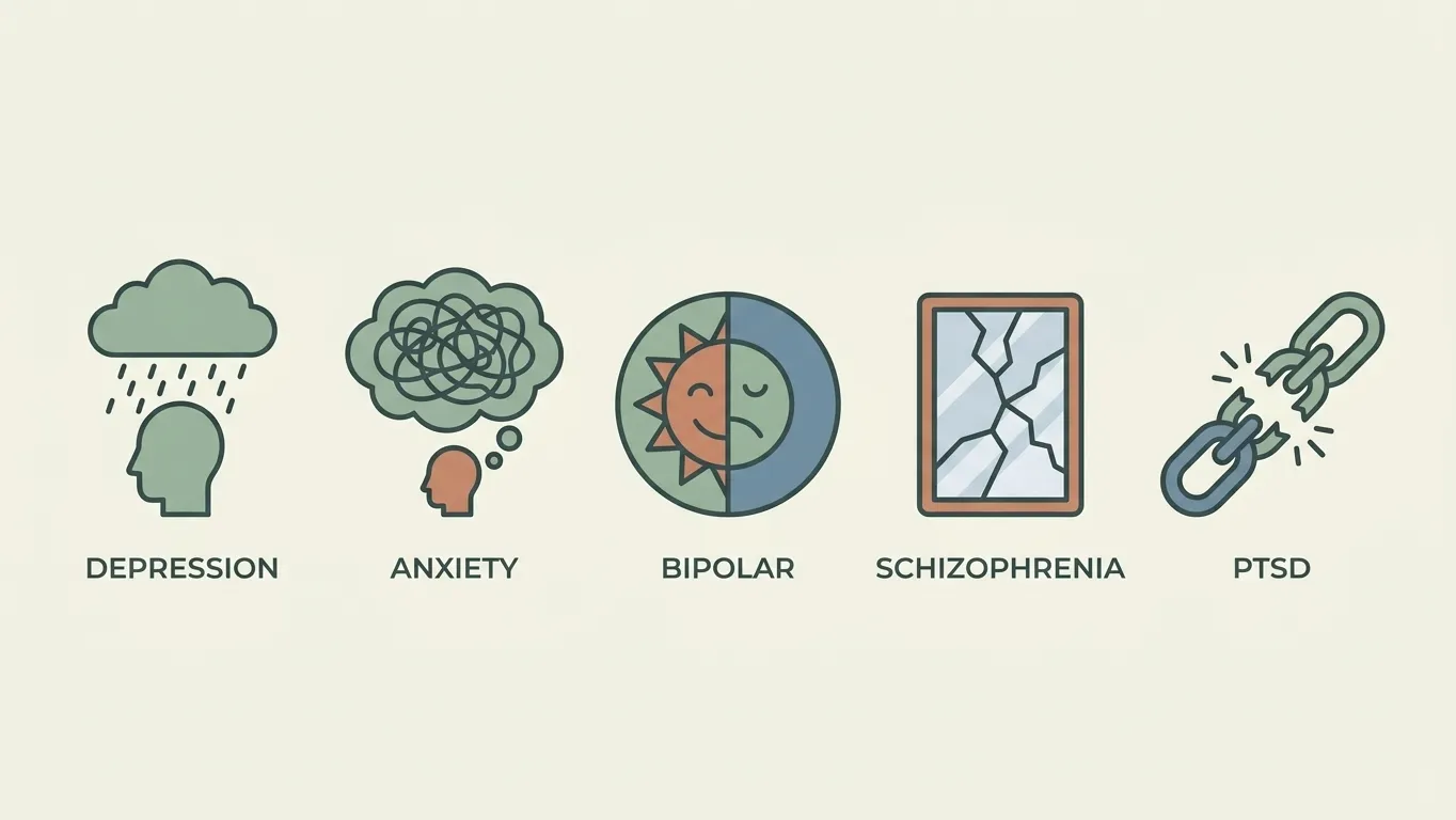 infographic grid, each icon representing one condition: a rain cloud over a head (depression), a tangled thought bubble (anxiety), a half-sun-half-moon face (bipolar), a fractured mirror (schizophrenia), a broken chain link (PTSD) infographic grid, each icon representing one condition: a rain cloud over a head (depression), a tangled thought bubble (anxiety), a half-sun-half-moon face (bipolar), a fractured mirror (schizophrenia), a broken chain link (PTSD)