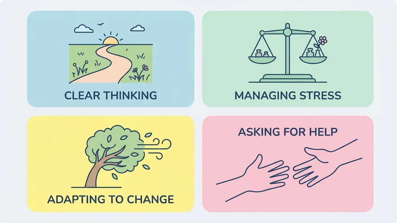 a clear open path (clear thinking), a balanced scale (managing stress), a bending tree in wind (adapting to change), two hands reaching toward each other (asking for help) a clear open path (clear thinking), a balanced scale (managing stress), a bending tree in wind (adapting to change), two hands reaching toward each other (asking for help)