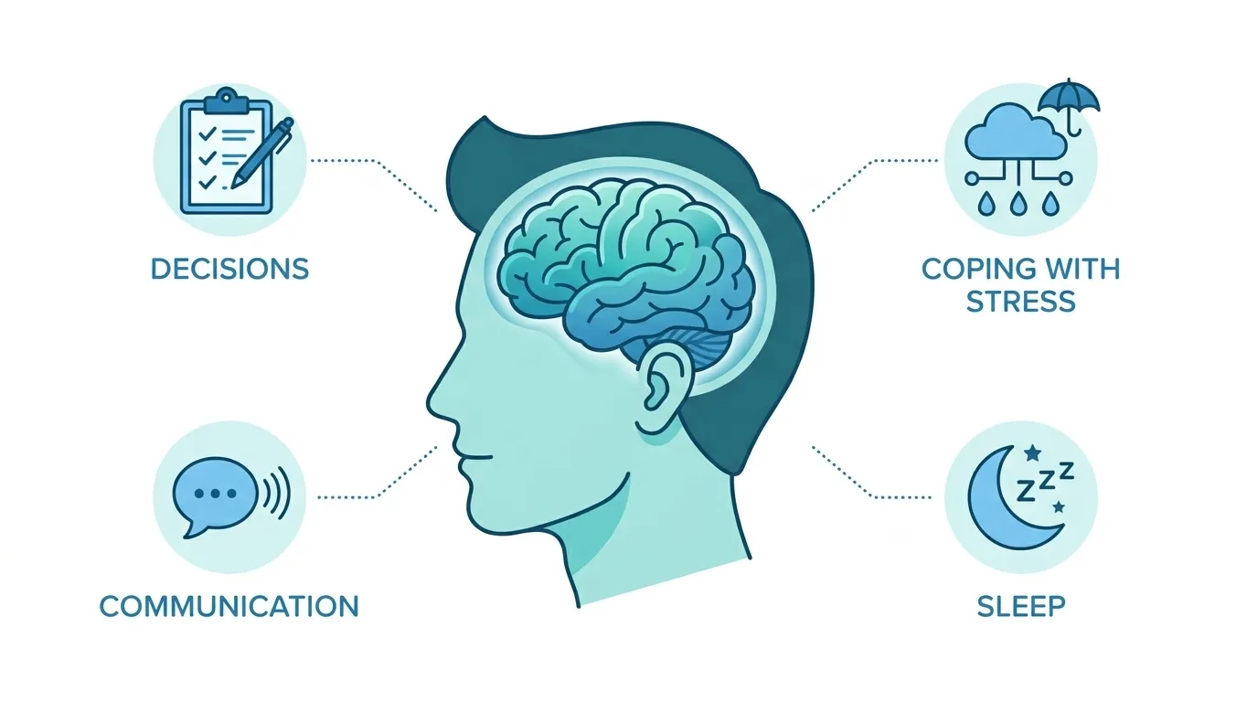 illustration of a human head in profile with visible brain, surrounded by 4 small labeled icons: a checklist (decisions), a cloud with raindrops (coping with stress), a speech bubble (communication), a moon (sleep). illustration of a human head in profile with visible brain, surrounded by 4 small labeled icons: a checklist (decisions), a cloud with raindrops (coping with stress), a speech bubble (communication), a moon (sleep).