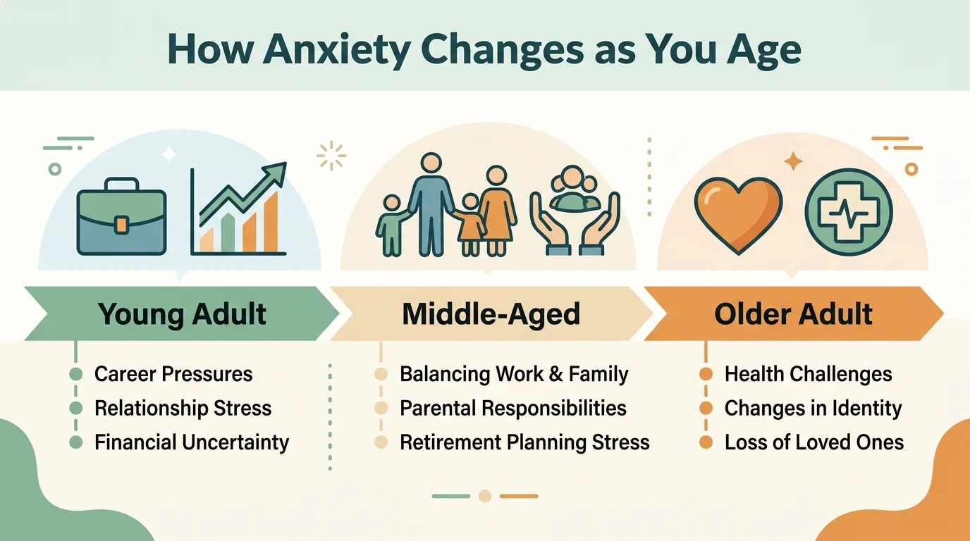 'How Anxiety Changes as You Age' showing icons for young, middle, and older adulthood