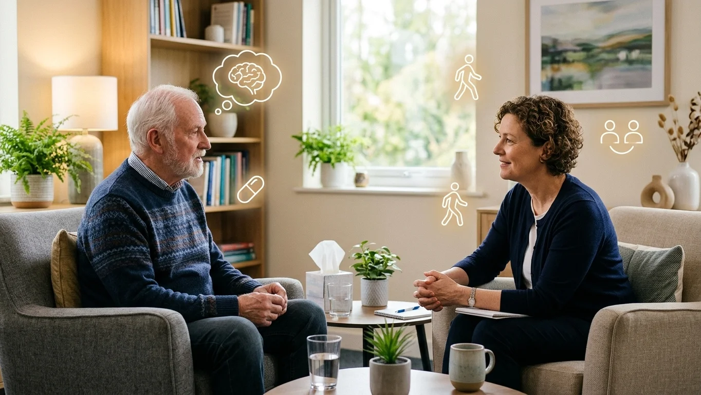 Illustration of therapist discussing anxiety treatment options including therapy and medication with older client.