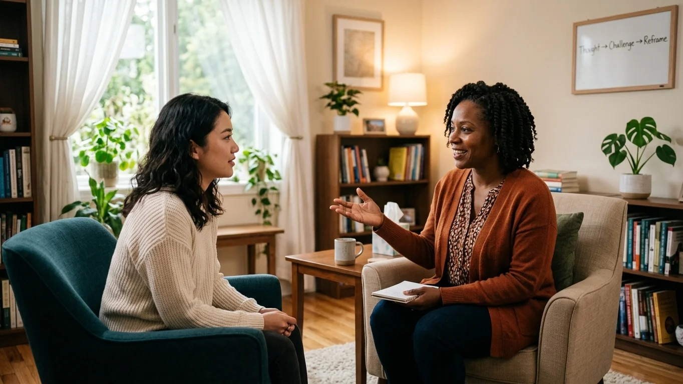Therapist guiding a client through CBT techniques for abandonment issues during a session