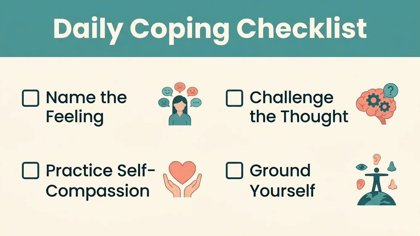 Daily coping checklist infographic for managing fear of abandonment