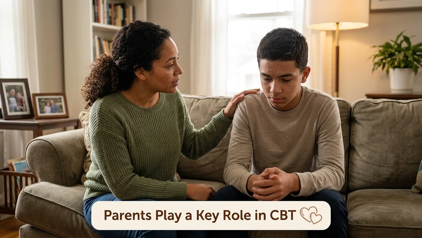 Parent supporting child at home during CBT anxiety treatment process Parent supporting child at home during CBT anxiety treatment process