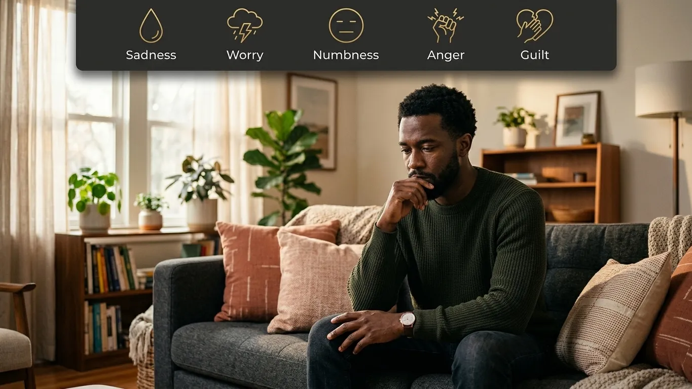 Emotional signs of trauma in American adults including sadness, anxiety, numbness, and guilt Emotional signs of trauma in American adults including sadness, anxiety, numbness, and guilt
