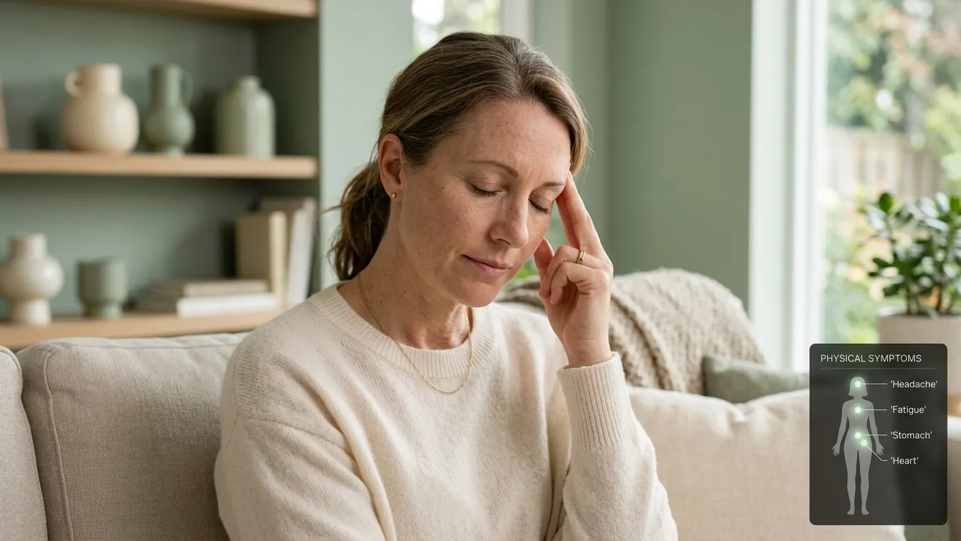 Physical signs of emotional trauma in American adults such as headaches, fatigue, and digestive issues. Physical signs of emotional trauma in American adults such as headaches, fatigue, and digestive issues.